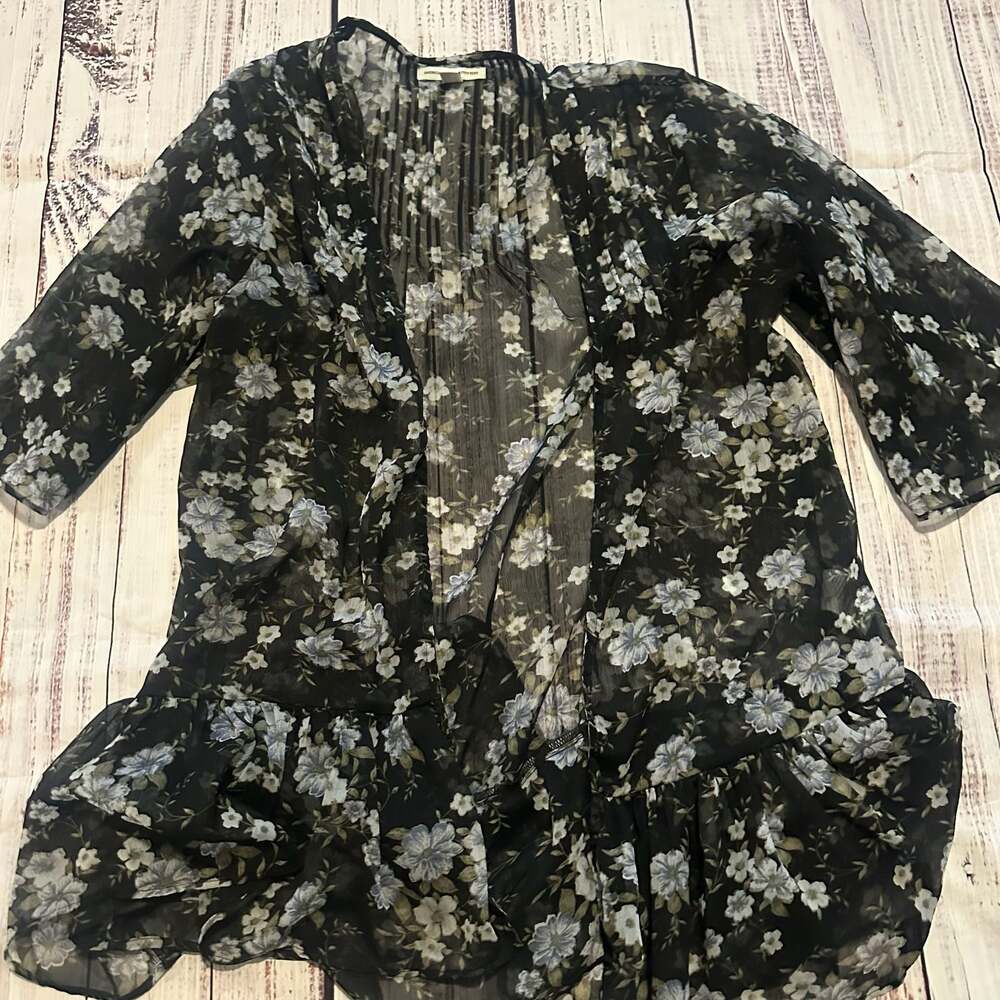 American Eagle Sheer Floral Chiffon Ruffle Kimono Cardigan-XS-S